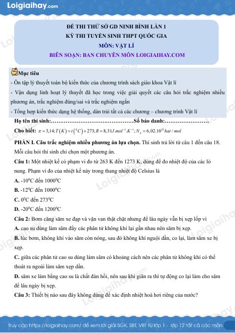 Đề thi thử Vật lí lần 1 THPT năm 2025 Sở GD Ninh Bình